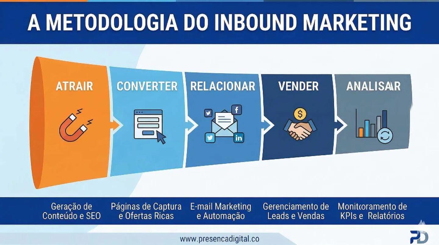 Diagrama da Metodologia Inbound Marketing em Português: Atrair, Converter, Relacionar, Vender, Analisar